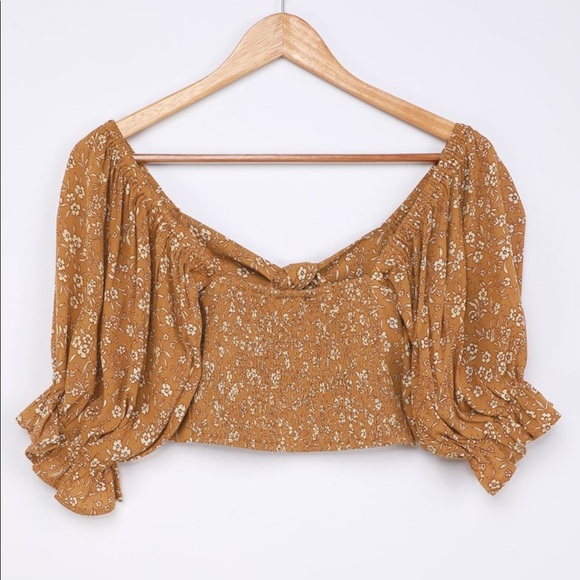 Lulus Golden yellow floral tie front crop top - Picture 5 of 7